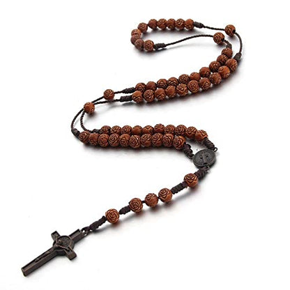COLORFUL BLING Natural Wooden Catholic Rosaries Wood Crucifix Prayer Beads Pendant Necklace Prayer Jesus Religious Cross Rosary Necklace Handmade Jewelry - color: flower
