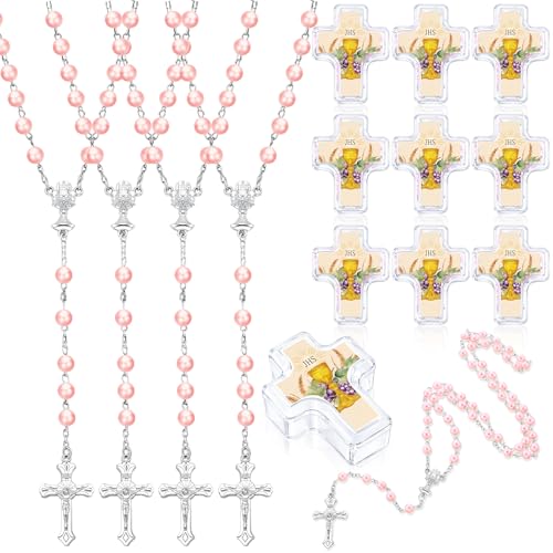12 Set Saint St Jude Baptism Favor Bead Rosary Cross Necklace, Pink - color: Pink