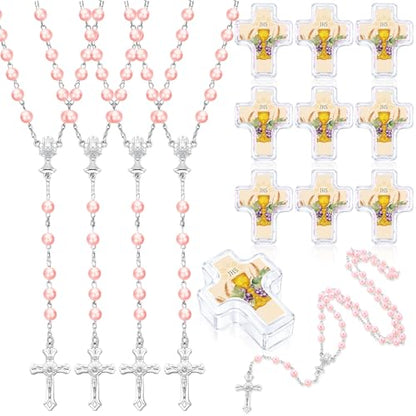 12 Set Saint St Jude Baptism Favor Bead Rosary Cross Necklace, Pink - color: Pink