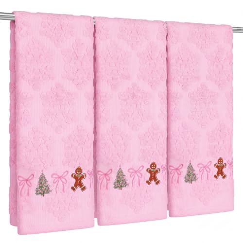 3 Pcs Pink Christmas Hand Towels for Bathroom 3D Bow, Pink, Snowflakes - color: Pink, size: Snowflakes