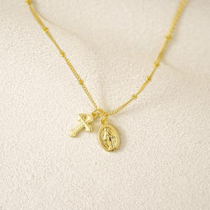 NIXMAX Small Cross Necklace for Women, 14K Gold Silver Plated Pendant - color: Gold-Virgin Mary with Cross