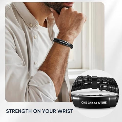 Men's Cross Bracelet Handsome Inspirational Quote Bible Verse Engraved Black Braided Leather Bracelets for Men Religious Jewelry Christmas Baptism Confirmation Christian Gifts for Son Husband Man - style: 09: one day at a time