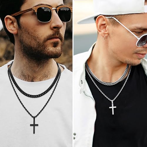 Romass 4Pcs Cross Necklace for Men Teen Boys,Stainless Steel Chains for Men Layered Necklaces Silver Gold Black Pendant Jewelry Box Gifts 18-24 Inches - size: Chain-20in/Necklace-22in, style: 4Pcs 1.7"* 1.4"pendant-Silver+Black