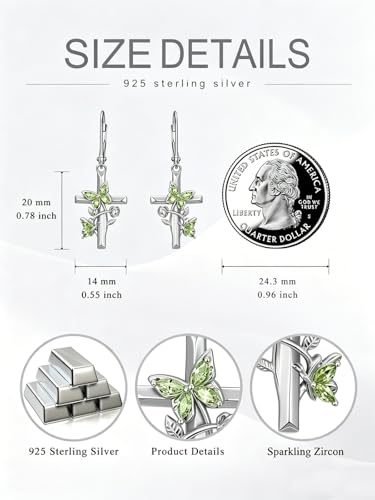 Butterfly Earrings for Women 925 Sterling Silver Birthstone Butterfly Cross Rose Dangle Earrings Elegant Butterfly's Jewelry Gift for Birthday Valentines Day Christmas - color: 8-August