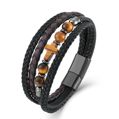Men's Leather & Lapis/Onyx/Turquoise/Tiger Eye Cross Bracelet - Braided Christian Jewelry for Men, 8.3" & 9.1" Sizes - color: Tiger Eye, size: 9.1in(Fits larger wrists)