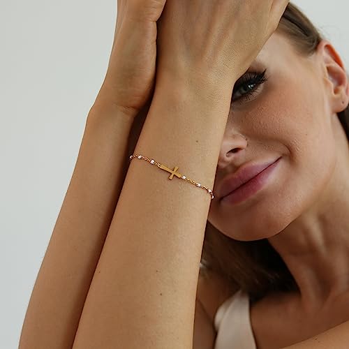 18K Gold Plated Pearl Bracelets for Women Dainty Waterproof - style: White Cross-Gold