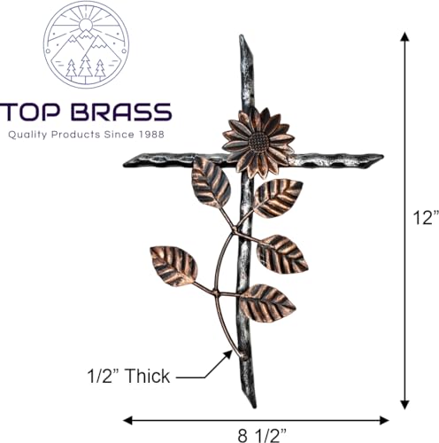 Top Brass 12” Metal Wall Mount Cross – Sunflower/Daisy Floral Garden Design – Holy Celtic Crucifix Silver & Copper Finish, Modern Rustic Jesus Art Sculpture