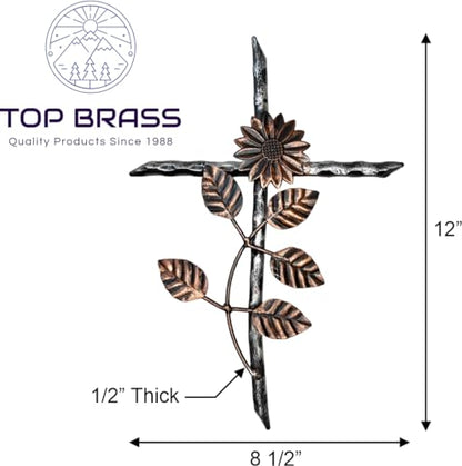 Top Brass 12” Metal Wall Mount Cross – Sunflower/Daisy Floral Garden Design – Holy Celtic Crucifix Silver & Copper Finish, Modern Rustic Jesus Art Sculpture