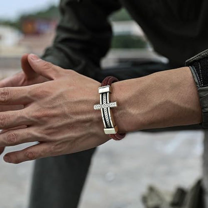 Leather Cross Bracelet Braided Faith Bangle for Men, 8.3 &9.1 Inch - color: 07.brown leather; Style: wheat cross, size: 9.1in(Fits larger wrists)