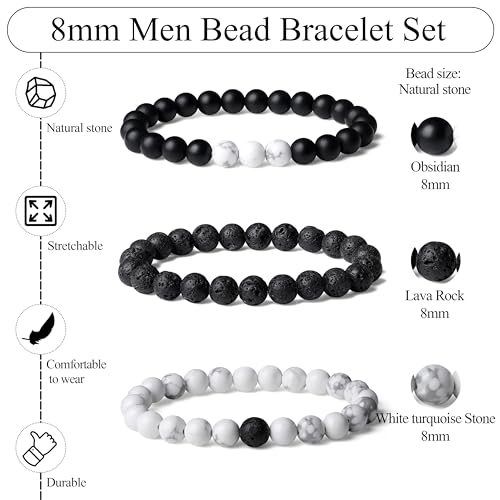 Mens Beaded Bracelets, 8MM Beaded Bracelets for Men, Natural Tiger Eye Bead Bracelet, Stretch Elastic Beads Bracelets for Men - color: 3 black volcanic white pine