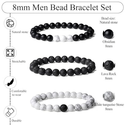 Mens Beaded Bracelets, 8MM Beaded Bracelets for Men, Natural Tiger Eye Bead Bracelet, Stretch Elastic Beads Bracelets for Men - color: 3 black volcanic white pine