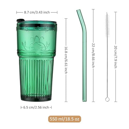 Joeyan Green Glass Tumbler with Lid and Straw,Embossed Iced Coffee Cups with Whale Pattern,Colored Striped Drinking Jars,Water Juice Beverages Soda Glasses,18.5 oz,Set of 2,Dishwasher Safe - color: Green-3
