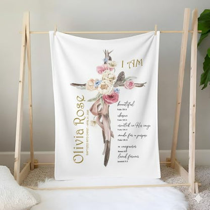 Personalized Baptism Blanket for Girl, Custom Floral Cross Baby Blanket, Christian Baby Girl Gift, Baptized in Christ Throw Blankets, Catholic Christening Blanket, Scripture - color: #Ver1