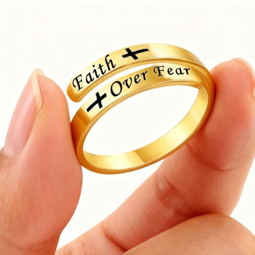 Faith Over Fear Cross Inspirational Rings, S925 Silver Adjustable Tiny Purity Christian Wrap Ring Christian Blessed Hope Encouragement Ring Christmas Graduation Cocktail Party Jewelry Gifts for Women - color: Gold