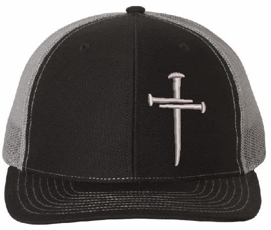 Christian Cross Baseball Cap, Religious Sacred Nails Design, Navy Blue Adjustable HAT with White Embroidered Design and Free 4" Window Decal
