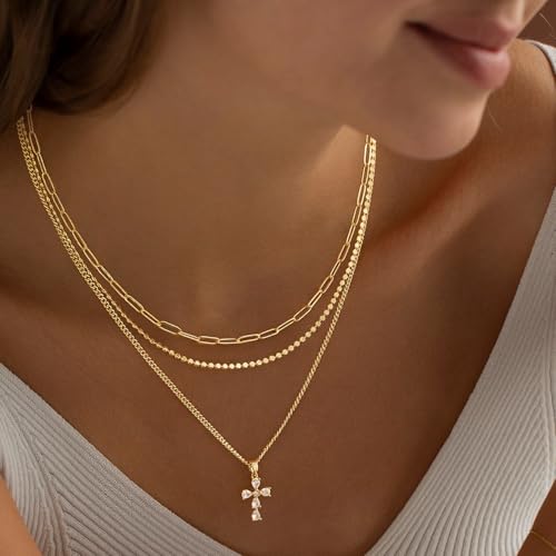 Cross Necklace for Women, Dainty 14K Gold Plated Cross Pendant Simple Long Necklaces for Women, Christian Faith Necklace Trendy Gold Jewelry Gifts for Easter - color: 3 layer zircon cross necklace
