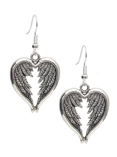 Guardian Angel Wings Heart Antique Silver Charm Earrings for Women
