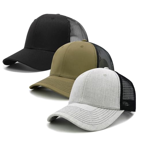 Men's Trucker Hats 3 Pack, Structured Mesh Baseball Cap with Adjustable Snapback, Classic Outdoor Hat for Men - color: Black/Khaki/Grey