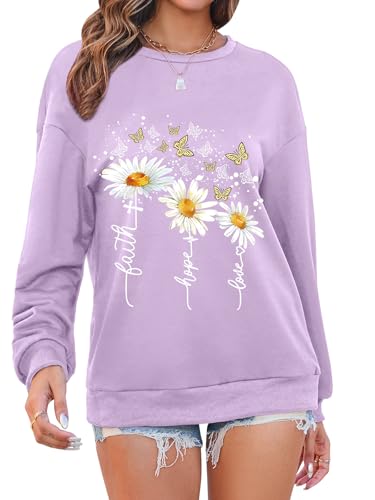 Women’s Christian Sweatshirts,Faith Hope Love Daisy Print Crewneck Long Sleeve Casual Loose Fit Sweatshirt - color: Purple, size: Medium