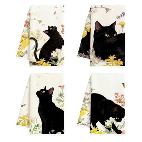 4Pcs Black Cat Floral Kitchen Towels, 16x24In Floral Dish Towels - color: Colorful Cat Floral-01