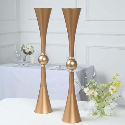 Efavormart 2 Pack | 31" Gold Crystal Embellishment Trumpet Table Centerpiece, Reversible Plastic Flower Vase - color: Gold, size: 31"