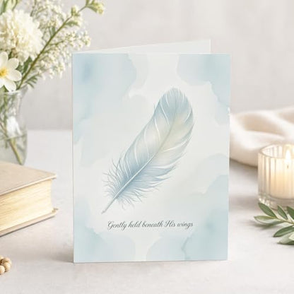 Religious Greeting Card Single Feather Design – “Gently Held Beneath His Wings” – 5x7 Inch Religious Card with Envelope for Sympathy Condolence Prayer Comfort – Faith Encouragement Spiritual Memorial Card — Single Card - color: Single Feather