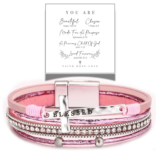 LINGYUAN Cross Bracelet for Women, Leather Religious Christian Jewelry - color: Pink