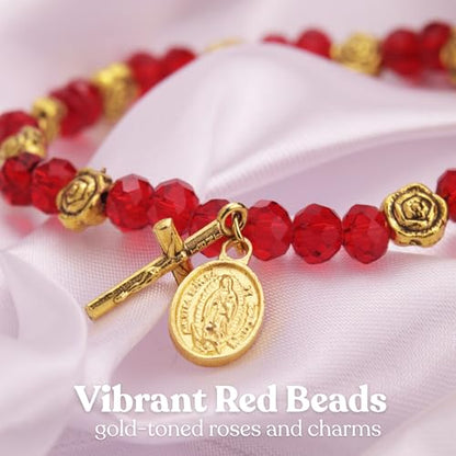 Needzo Our Lady of Guadalupe Rosary Bracelet, Roses of Mary Jewelry Accessory, Gold Toned Charms, Religious Gift, 7.5 Inches
