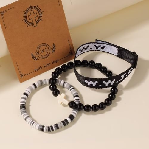 WWJD Bracelets Set WWJD Wristbands Christian Cross Bracelet Stackable Clay Bead Bracelets Stretch Glass Beaded Inspirational Christian Jewelry Gift for Couples Women Men - color: 3PCS Black