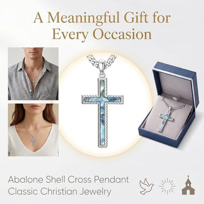 MRENITE Silver Natural Stone Cross Necklace, Classic Latin Cross Pendant Necklace for Unisex Women Man, Vintage Crystal Quartz Cross Necklace with 20+2 Inches Adjustable Cuban Chain - style: Abalone