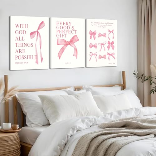 3 Pcs Coquette Pink Bow Canvas Wall Art Inspirational Bible Verses Bow Posters Wall Decor Pink Bow Room Pictures Prints Aesthetic for Girls Room Living Room Bedroom Bathroom Dorm 16x24 Inch Framed - color: Pink, size: 24L"x16W"