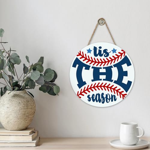 Baseball Sport Front Door Sign, Tis The Season Wood Hanger Outdoor - color: Baseball