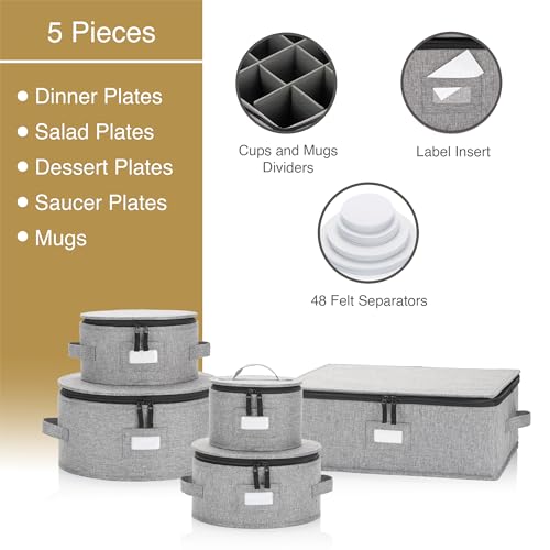 Stack Store Plus More China Storage Set for Plates, Cups and Mugs - 5 pc set - Hard Shell and Stackable, Fully Padded Interior, 48 Plate Dividers Included - style: Cup + Plate Storage