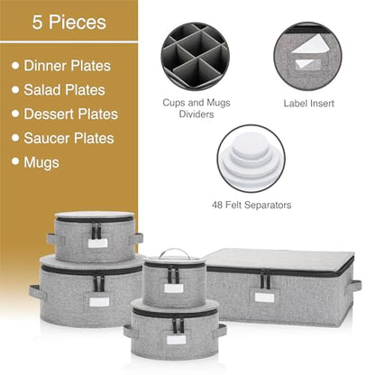 Stack Store Plus More China Storage Set for Plates, Cups and Mugs - 5 pc set - Hard Shell and Stackable, Fully Padded Interior, 48 Plate Dividers Included - style: Cup + Plate Storage