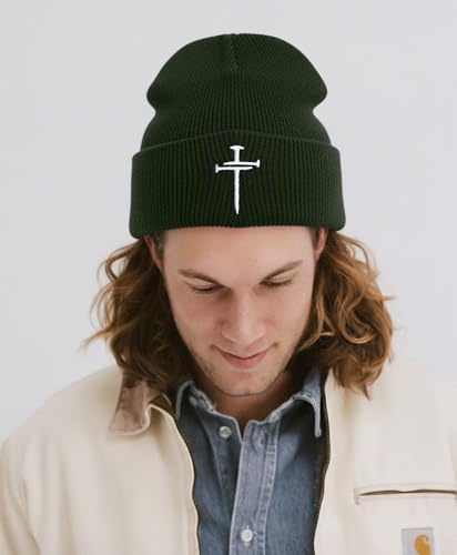 Christian Jesus Cross Beanie - Faith Winter Beanie Hats for Men Women - Religious Gifts for Christmas & New Years - color: Three Nails Cross/Army Green