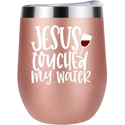 ATHAND 12oz Jesus Touched My Water Stainless Steel Wine Tumbler with Lid - color: Jesus Touched My Water Wine Tumbler-Rose Gold