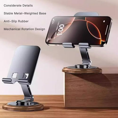 Adjustable Cell Phone Stand,360 Rotating Foldable Desktop Cellphone Stand with Anti-Slip Base Portable Phone Holder for iPhone 16 15 14 13 Pro Max, All Smart Phones, iPad (Wood)