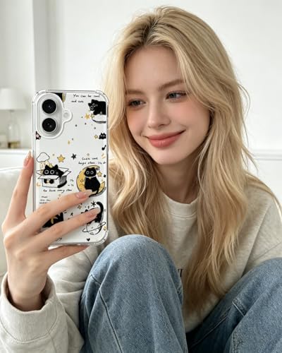 Cute Cool Black Cat and Moon Stars Phone Case Compatible with iPhone 17 - color: Black Cat