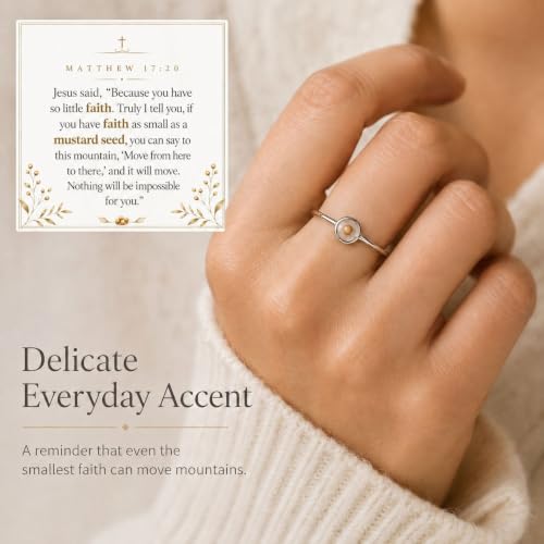 Mustard Seed Ring for Women Christian Faith Jewelry Silver Tone Adjustable Open Ring Inspirational Bible Verse Gift with Message Card - color: A5:size10