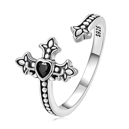 925 Sterling Silver Adjustable Open Ring for Women Trendy Jewelry Gift - color: Silver Cross