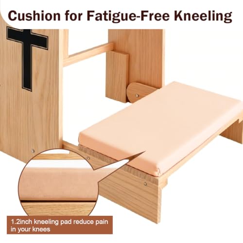 Wooden Prayer Kneeler with Storage Shelf & Cushion - Folding Prayer Bench for Home and Church, Comfortable Kneeling Devotional Pew Bench, 32" H x 22" W