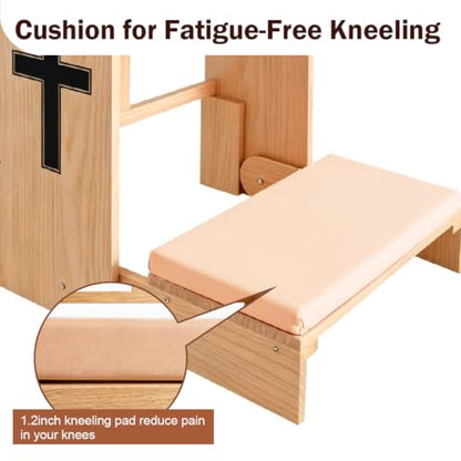 Wooden Prayer Kneeler with Storage Shelf & Cushion - Folding Prayer Bench for Home and Church, Comfortable Kneeling Devotional Pew Bench, 32" H x 22" W