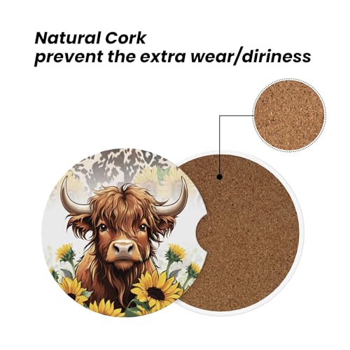 Highland Cow Car Cup Holder Coasters 2 Pack 2.63" for Women - color: Yellow