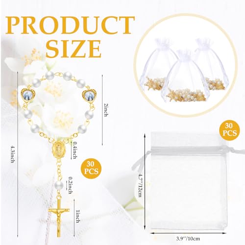 Misdary 30 Sets Baptism Mini Rosary with Organza Bags Faux Pearls Baptism Rosary Favors for Guests Catholic Finger for Christening Weddings Party Favors First Communion Gift(Gold) - color: Gold