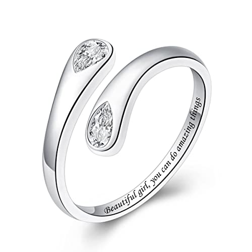 Jinlou Thumb Rings for Women - 925 Sterling Silver Birthstone Open Teardrop Encouragement Adjustable Ring Women Gifts for Teens Mom Birthday Mother's Day St Patricks Day - color: April, style: Beautiful you can do amazing things