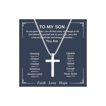Small Cross Necklace for Boys Baptism Christmas Confirmation Valentines Easter Birthday Gifts to Teens Son Grandson Nephew - color: silver, style: Son-1
