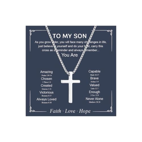 Small Cross Necklace for Boys Baptism Christmas Confirmation Valentines Easter Birthday Gifts to Teens Son Grandson Nephew - color: silver, style: Son-1