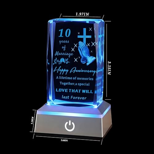 10th Wedding Anniversary Religious Crystal Gifts for Couples with LED Base Romantic 10 Years of Marriage Gift for Her Him, Laser Engraved Happy 10th Anniversary Keepsake Gifts for Wife Husband - color: 10TH Wedding Anniversary