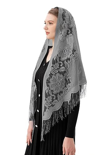 PAMOR Triangle Catholic Church Veil Chapel Veil Scarf Mantilla Veils Wrap Shawl Mass Head Covering with Fringe Trim - color: Gray