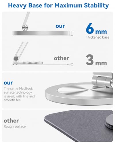 Phone Stand for Desk, 360° Rotating Dual Adjustable Foldable Cell Phone Holder, Heavy Solid All-Aluminum Base Anti-Slip Stable Support for Home Office Study, Fits iPhone Galaxy 4-8" Phones - color: Silver